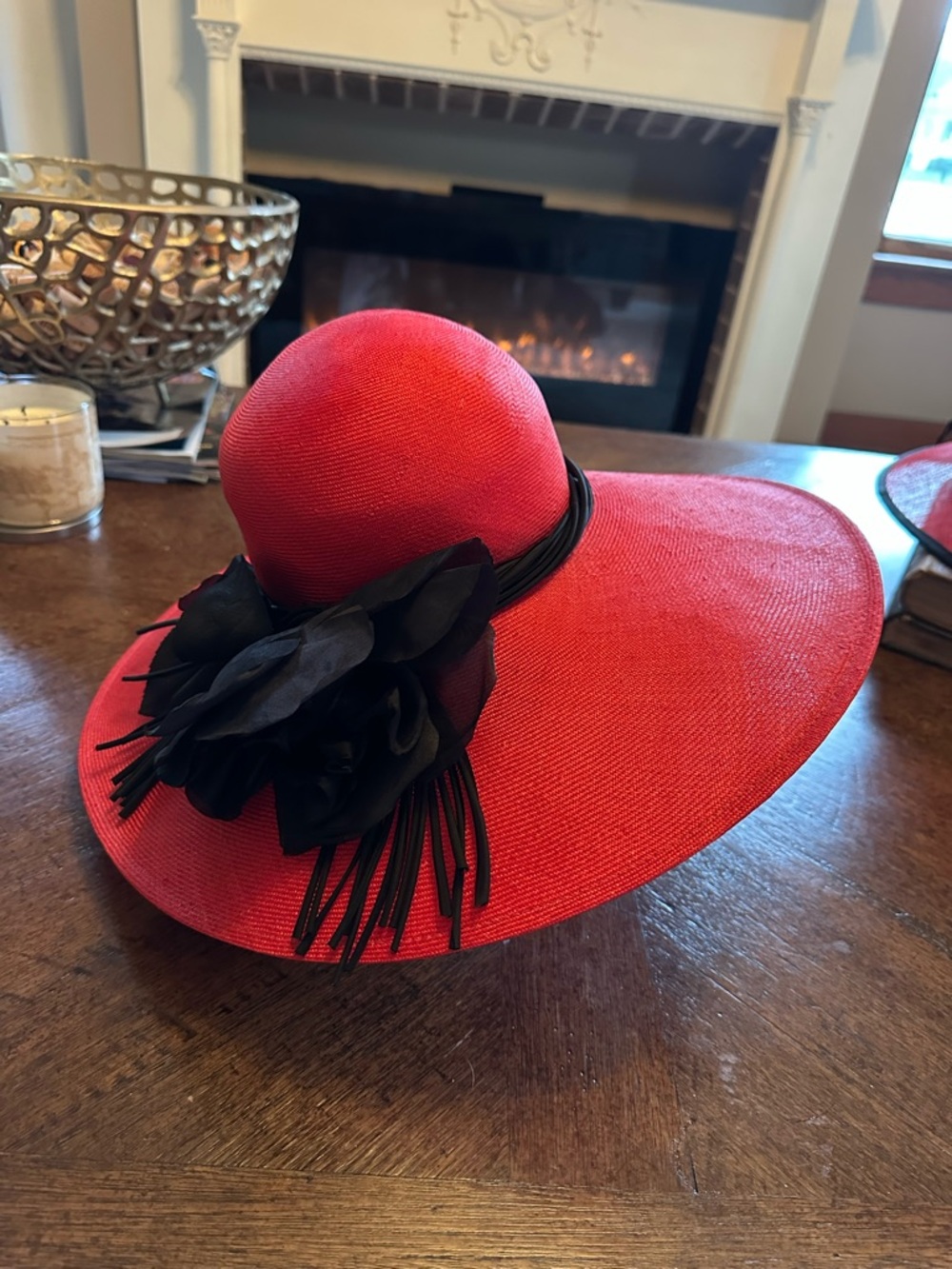 Red Wide-Brim Hat with Black Floral Accent